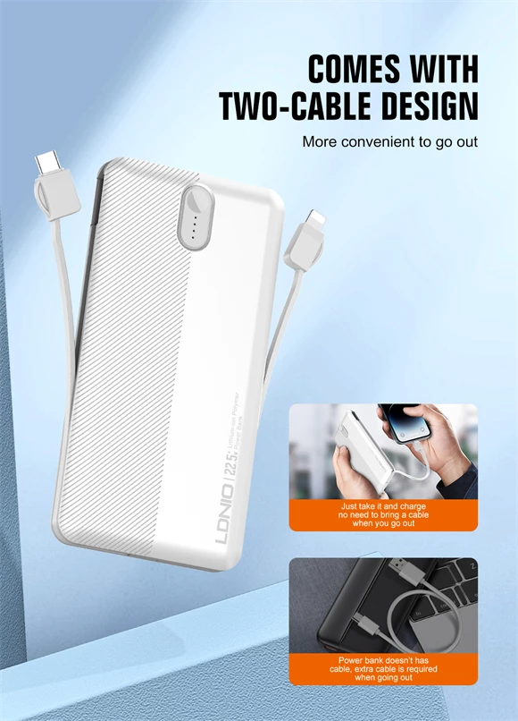 Power bank LDNIO PQ13 10000mAh 22.5W me kabllo të integruara USB-C + Lightning (1C1L) dhe 1x USB-A, e bardhë