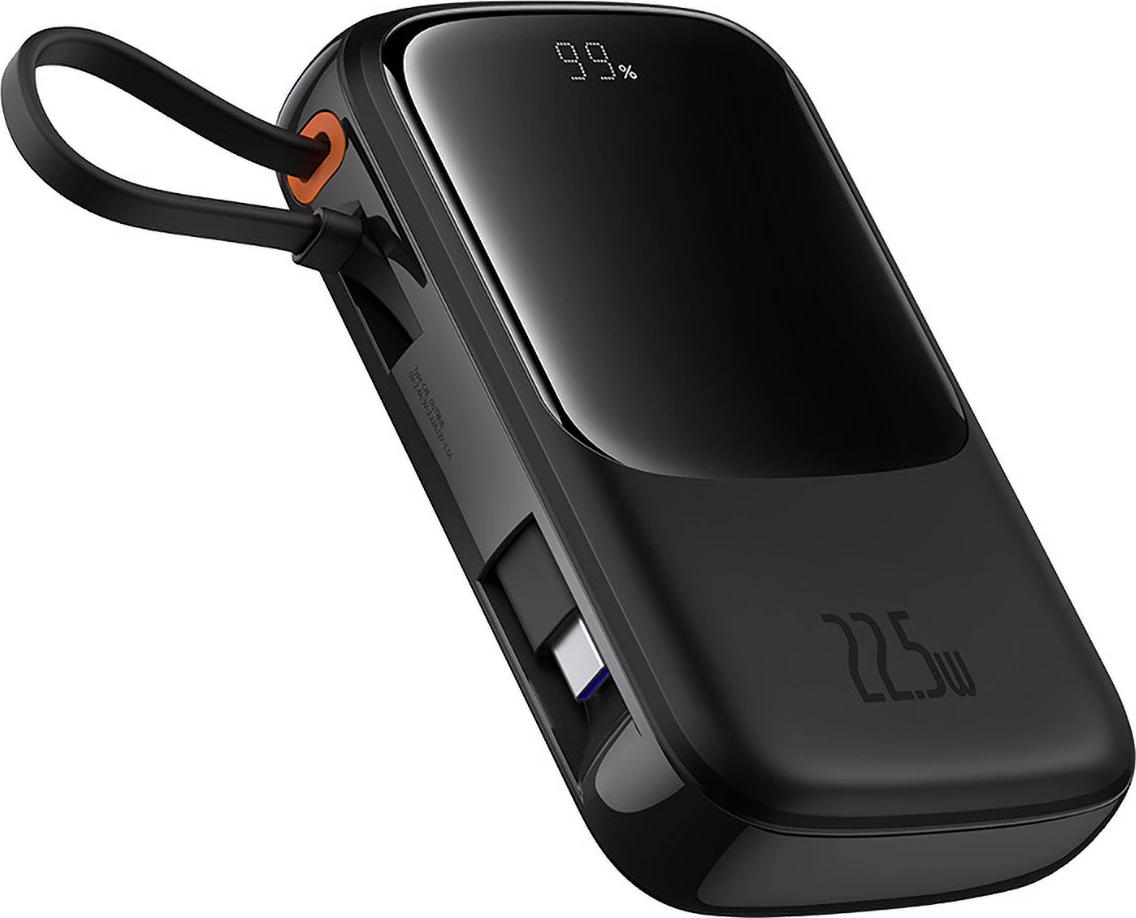 Powerbank Baseus QPow Pro+ 10000mAh, 22.5W, me kabllo USB-C të integruar dhe ekran, e zezë