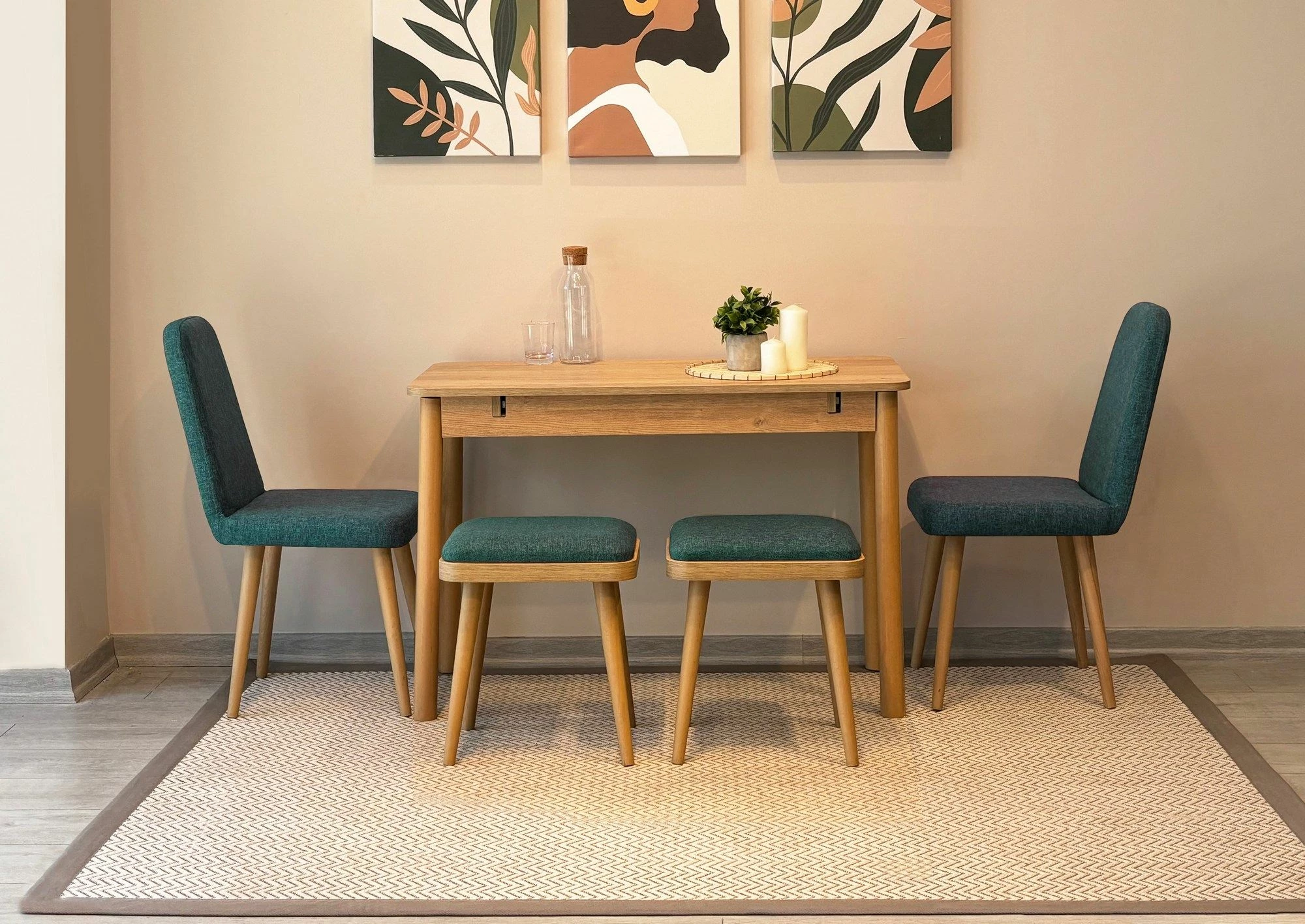 Tavolinë me karrige të zgjatshme, 5 copë, ngjyrë lis dhe e gjelbër, Skye Decor, Vina Mini 02 1070