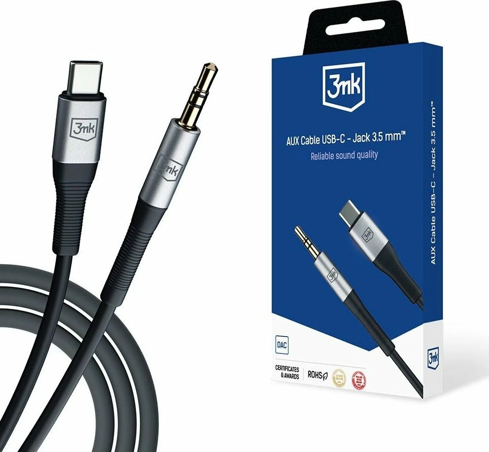 Kabl AUX 3MK USB-C - Jack 3.5mm 1m, e zezë/argjend