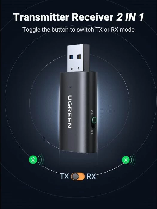 Adapter Bluetooth 5.1 transmiter/marrës 2-në-1 UGREEN 60300, AUX 3.5mm + USB-A, i zi, me kabllo AUX