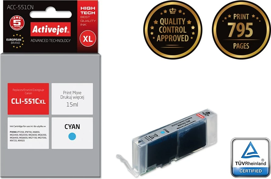 Kartuçë me bojë Activejet ACC-551CN për Canon CLI-551C, ngjyrë kalter