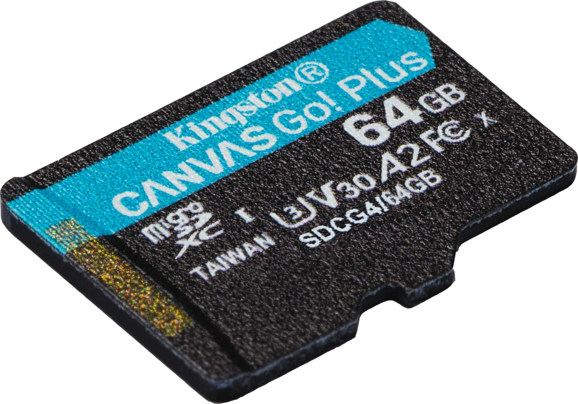 MicroSD kartelë Kingston Canvas Go Plus 64GB, A2, U3, V30, me adapter, e zezë/turkeze