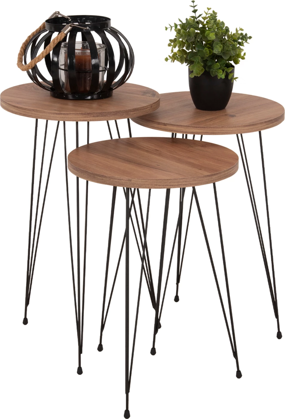 Set prej 3 tavolinash anësore rrethore NISSA FH18173.04 melaminë, ngjyrë druri natyral-këmbë metali të zeza