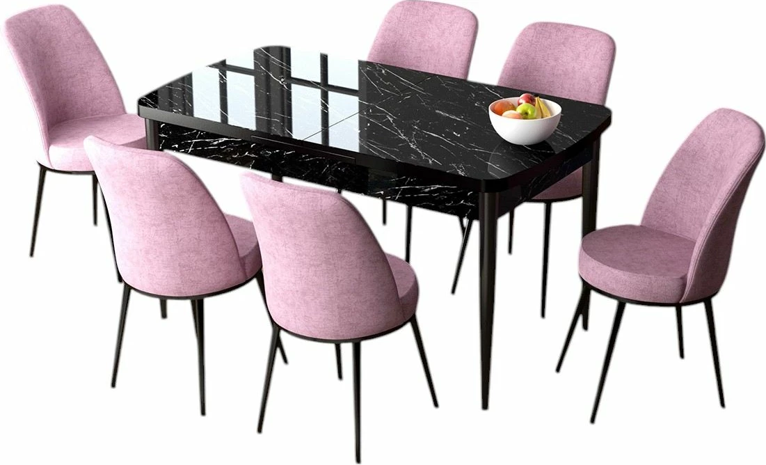Tavolinë me karrige, zgjatshme, ngjyrë mermeri të zi dhe rozë, 7 copë, Skye Decor, Zen