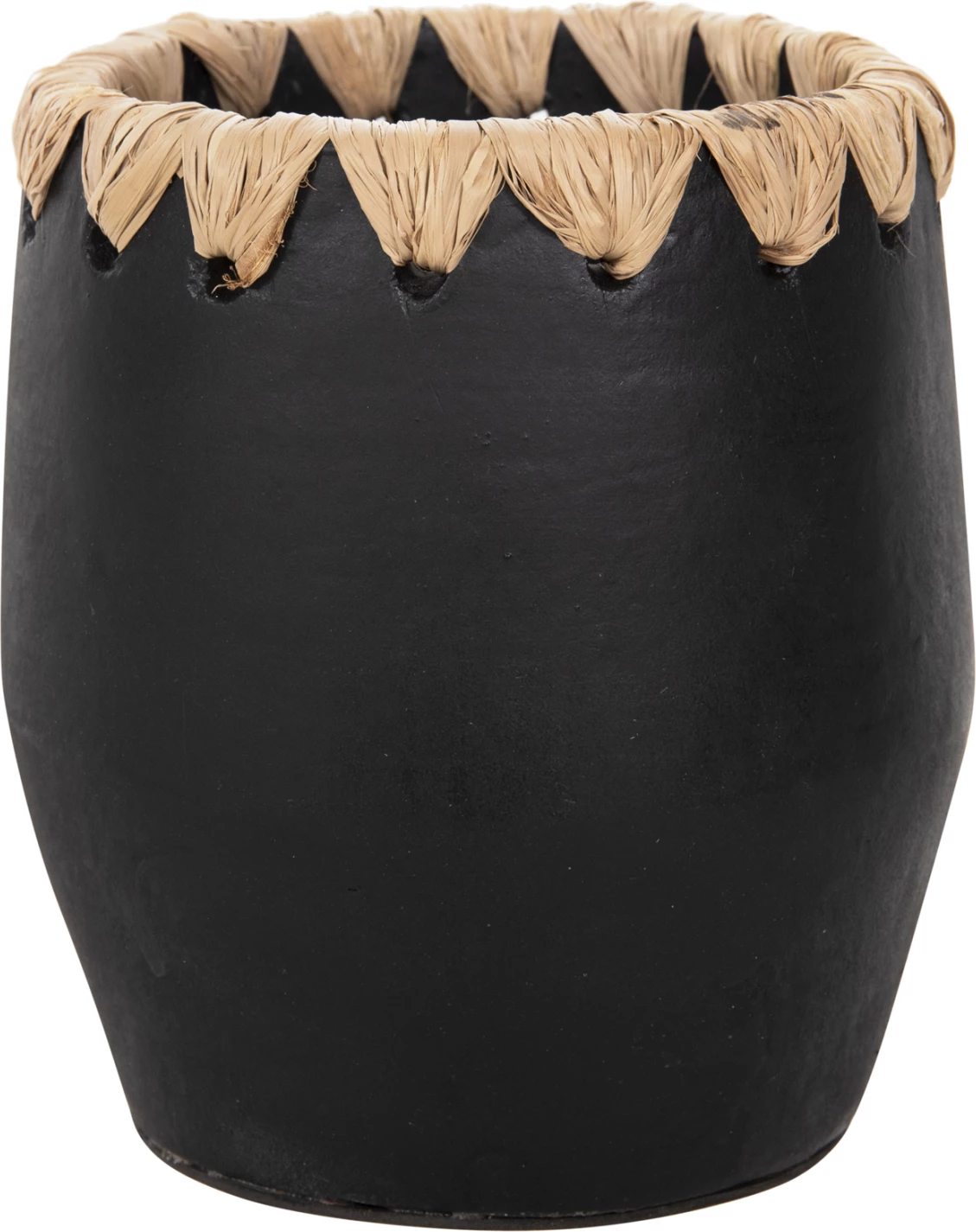 Vazo dekorative FH4368 terrakote, ngjyrë e zezë me thurje kashte në buzë, Φ13x16H cm