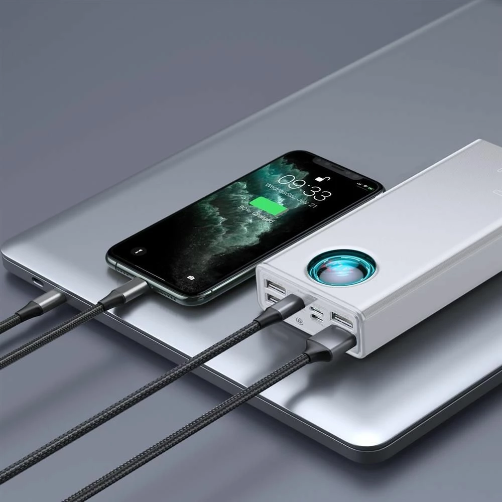 Powerbank Baseus Amblight 30000mAh 65W me display, 4x USB-A + 1x USB-C, e bardhë