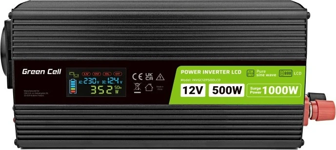 Invertor Green Cell PowerInverter LCD 12V 500W/10000W, valë e pastër, i zi