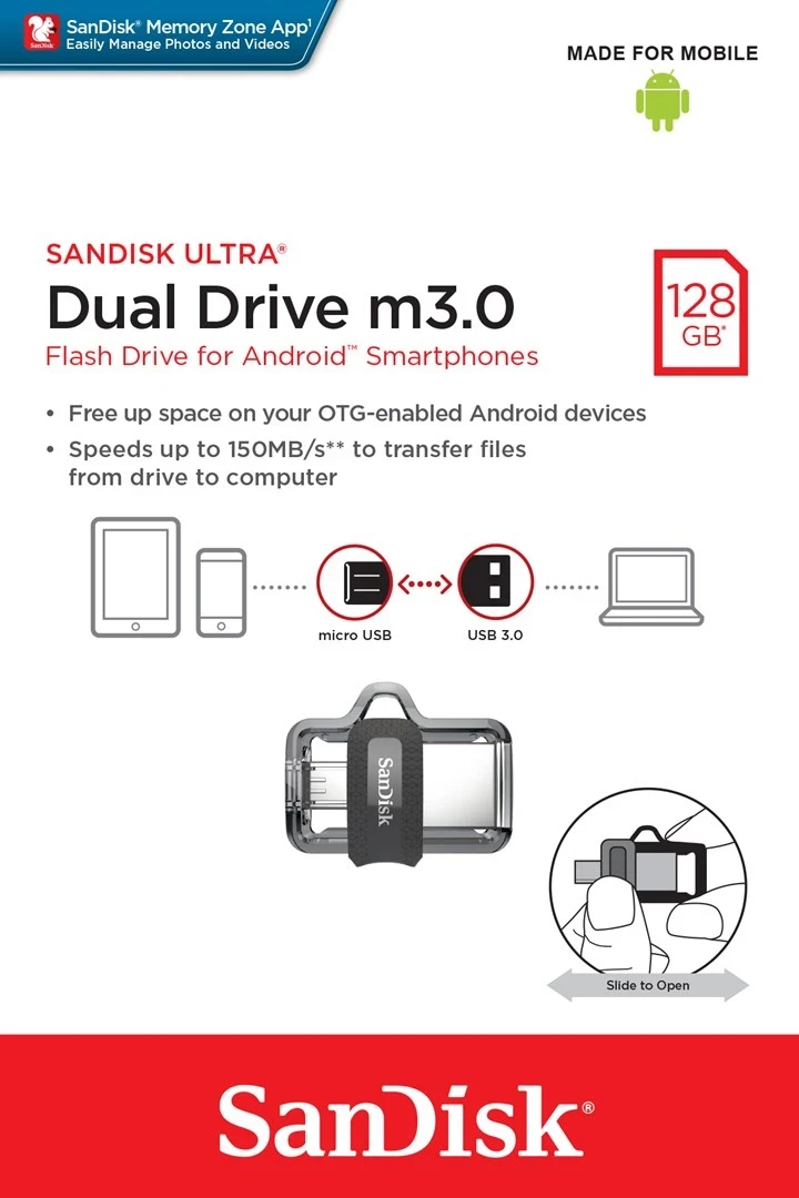USB Sandisk Ultra Dual, m3.0, 128 GB, e zezë / e argjendtë / transparente