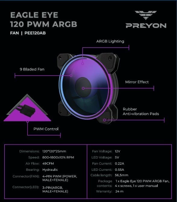 Ventilator PC PREYON Eagle Eye 120 PEE1201B 120 mm PWM ARGB, i zi