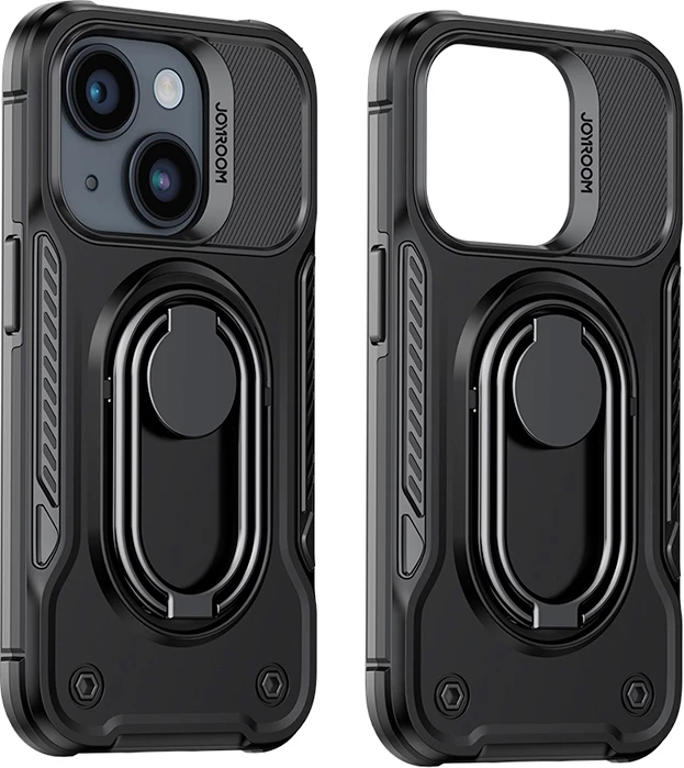 Mbështjellës Joyroom Dual Hinge për iPhone 14, me mbajtëse dhe ring holder, zi