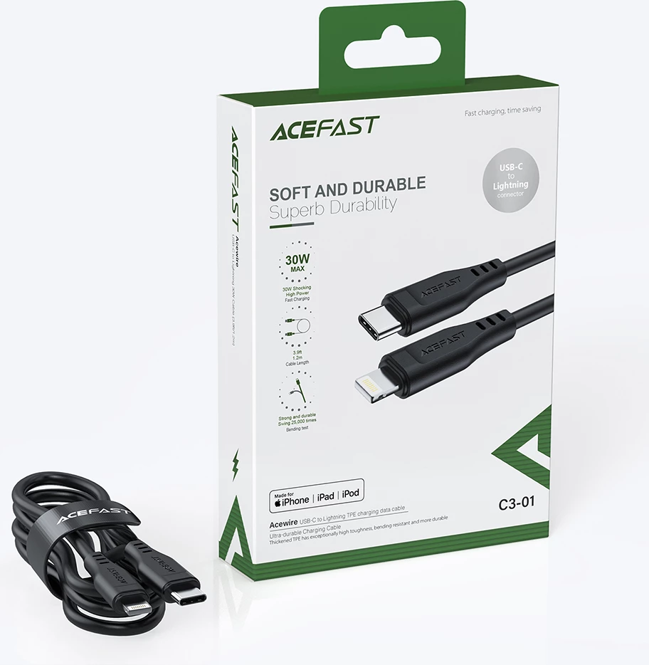 Kabllo Acefast C3-01 USB-C në Lightning, 1.2m, 30W, e bardhë