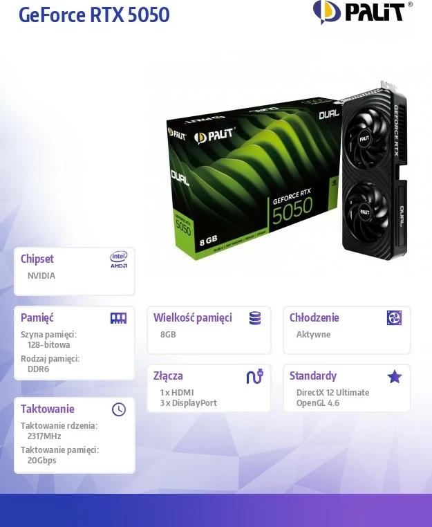 Kartelë grafike Palit GeForce RTX 5050 DUAL, 8GB GDDR6, 128-bit, e zezë