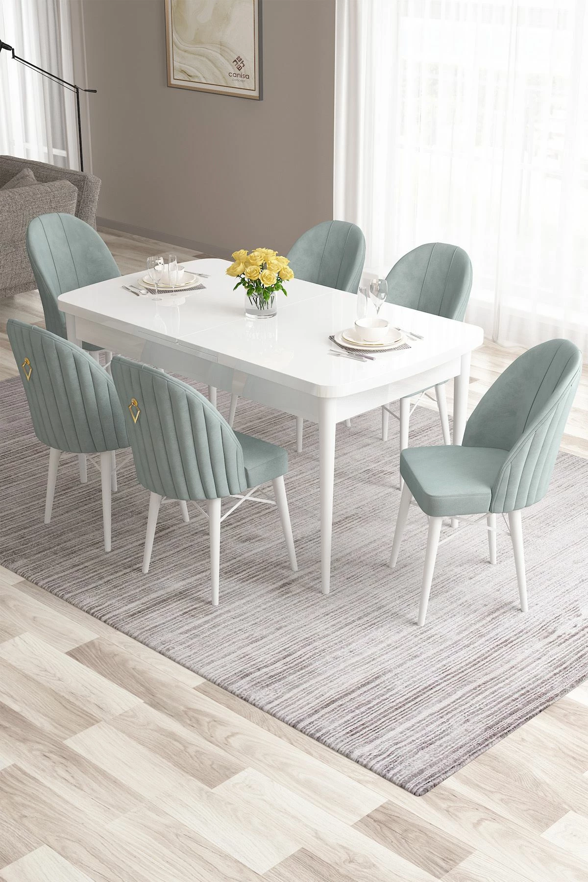 Set tavoline me karrige për ngrënie, e zgjatshme, 7 pjesë, Skye Decor, e bardhë - jeshile deti