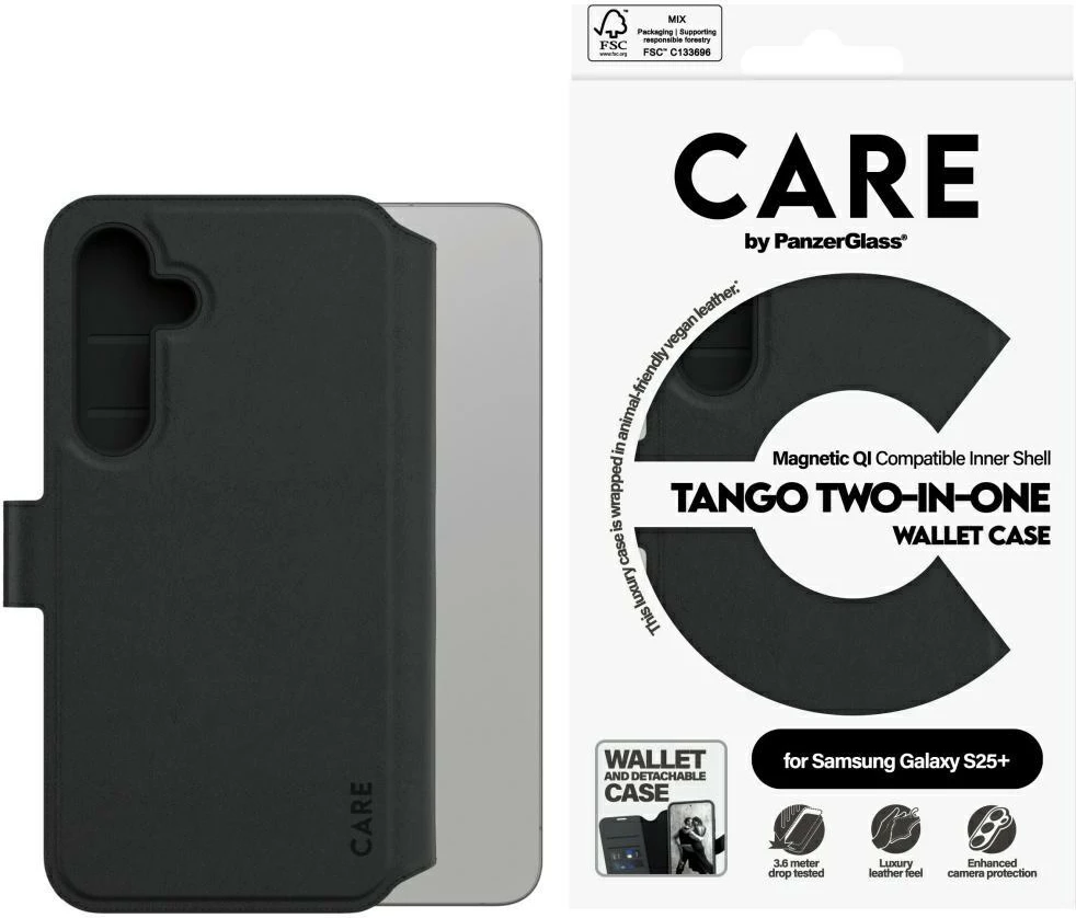 Mbështjellës portofol 2-në-1 PanzerGlass CARE Tango për Samsung Galaxy S25+, e zezë