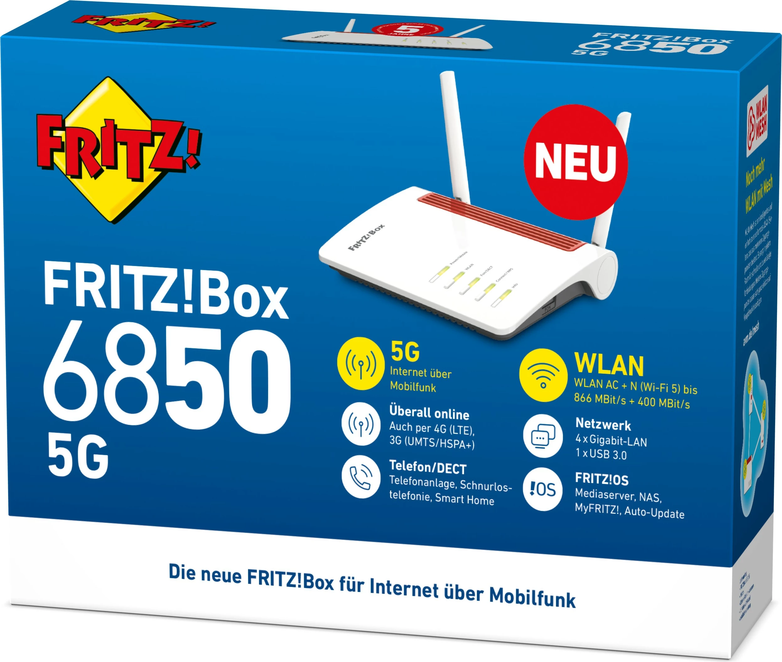 Router tavoline AVM FRITZ!Box 6850 5G, Wi-Fi 5 (802.11ac), Dual-band (2.4 GHz / 5 GHz), Ethernet LAN, 3G, i zi, i kuq, i bardhë