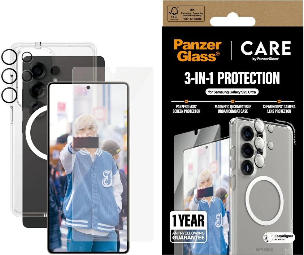 Mbështjellës PanzerGlass CARE 3in1 për Samsung Galaxy S25 Ultra, me xham mbrojtës dhe mbrojtës lente, Transparent