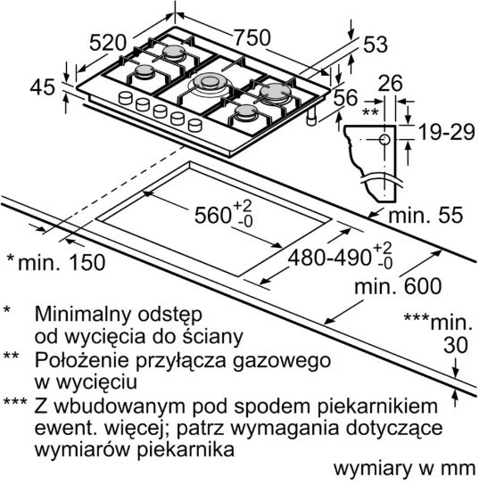 Sobë me gaz Bosch PCQ7A5I90, 75 cm, inox, 5 zona