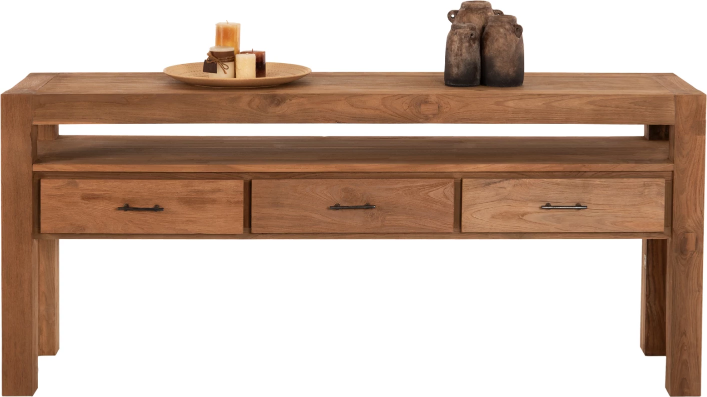 Konsolë me 3 sirtarë, dru TEAK i ricikluar, ngjyrë natyrale, 180x45x80H cm