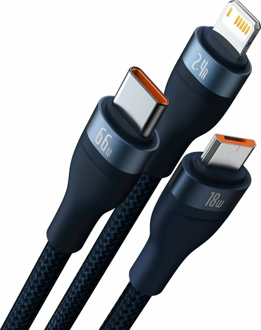 Kabllo USB 3-në-1 Baseus Flash Series II CASS040003 (BSU3888), USB-A në USB-C/Micro USB/Lightning, 1.2 m, 66W, blu