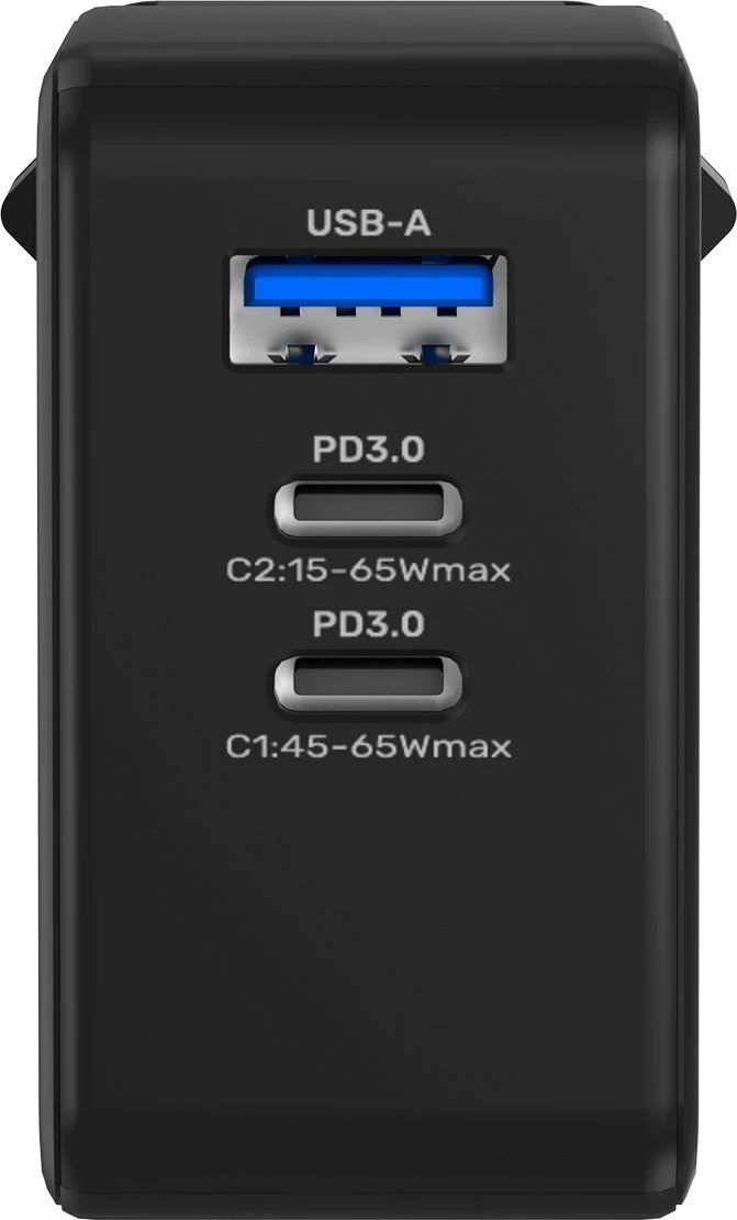 Karikues rrjeti Unitek P1117B GaN PD 65W 1x USB-A + 2x USB-C, 3.25A, i zi, set me adaptera EU/UK