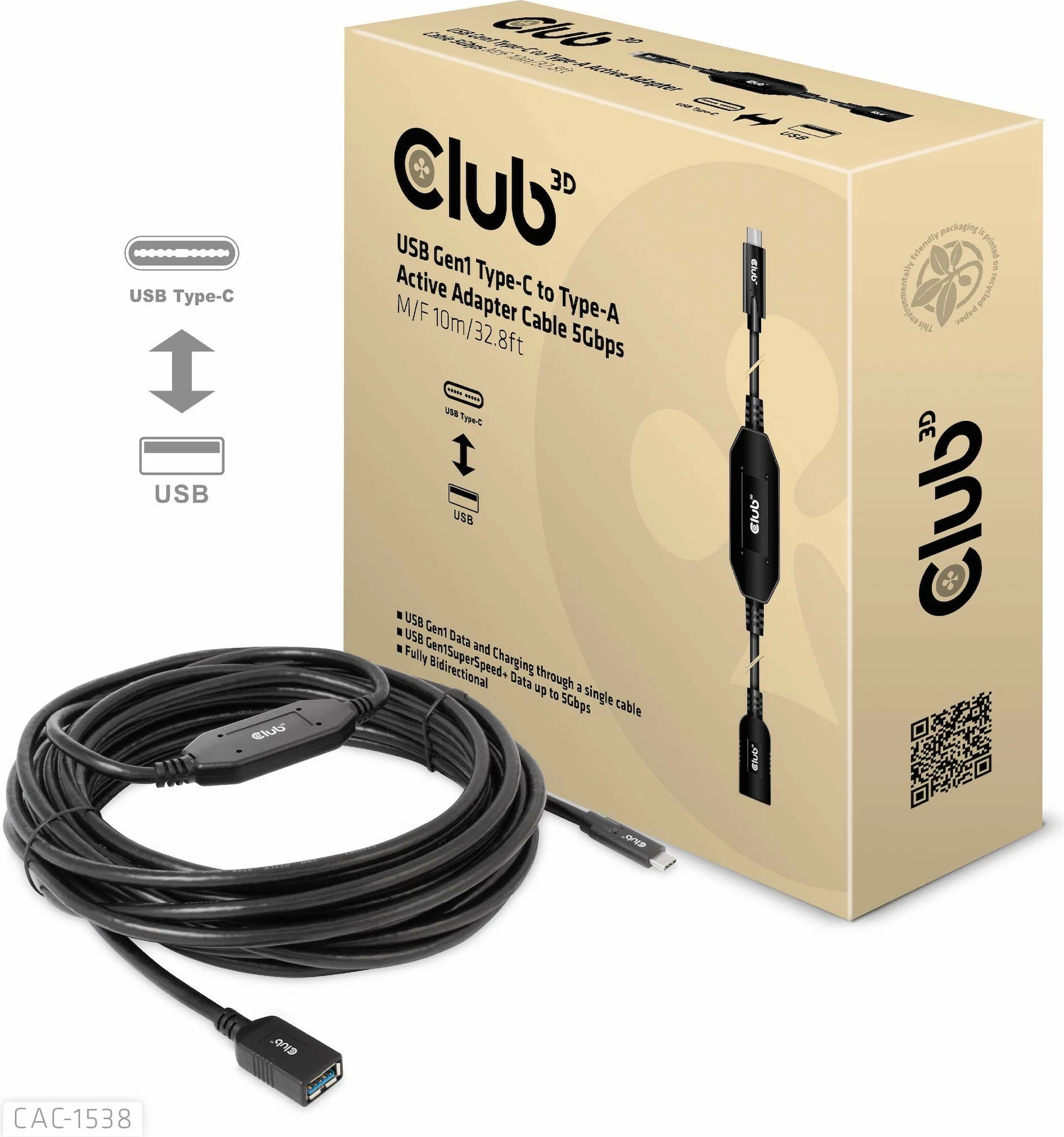 Kabllo USB Club3D CAC-1538, USB-C në USB-A, 10m, e zezë
