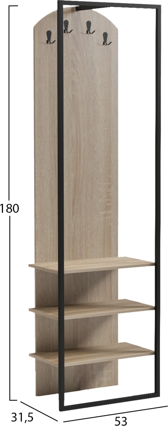 Varëse palltosh me rafte, metal i zi, melaminë Sonama, NINO FH18382.01, 53x31.5x180cm