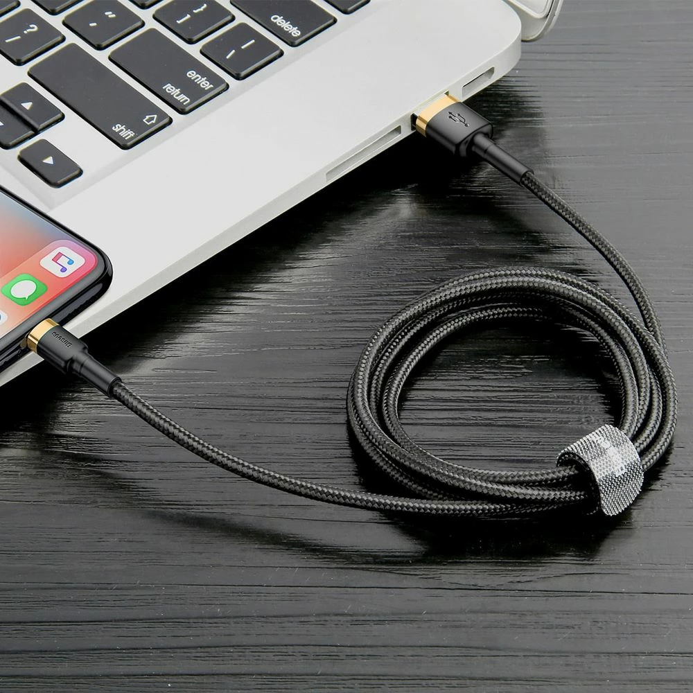 Kabllo USB-A në Lightning Baseus Cafule CALKLF-CV1 2m, e thurur najllon, 1.5A, Zi/Ari
