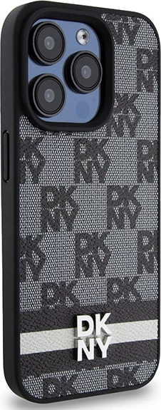 Mbështjellës DKNY Leather Checkered Mono Pattern & Printed Stripes për iPhone 15 Pro, i zi