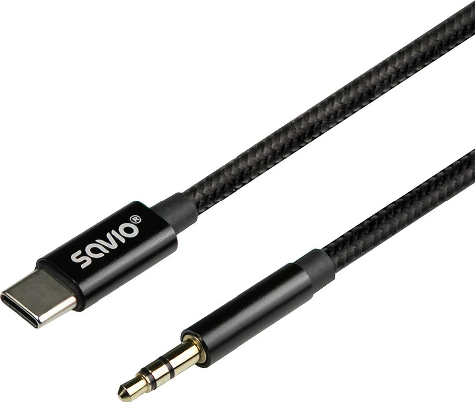 Kabllo audio Savio CL-187, USB-C në mini-jack 3.5mm, 1m, e zezë