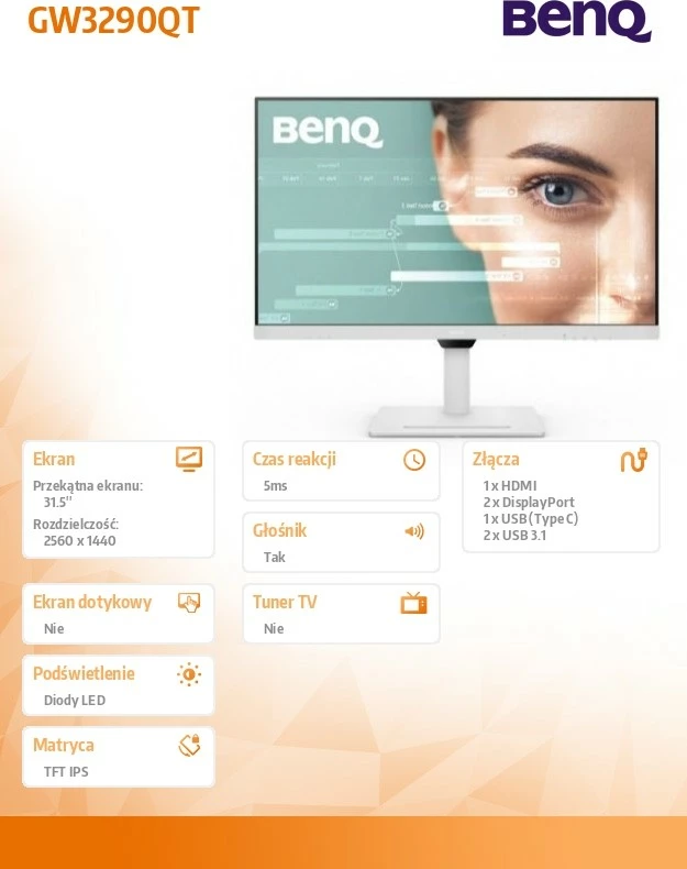 Monitor BenQ GW3290QT, 31.5", 2K QHD, IPS, 75Hz, Bardhë