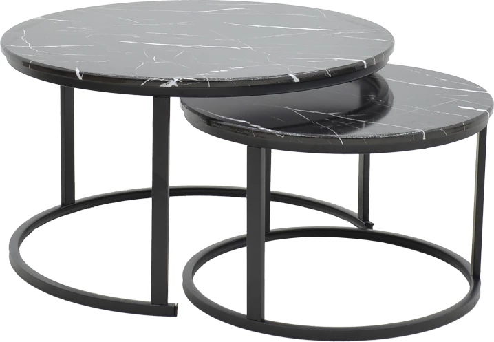 Set tavolinash kafeje Revelon, pamje mermeri të zi, këmbë të zeza, 80x80x45cm, set prej 2 copësh