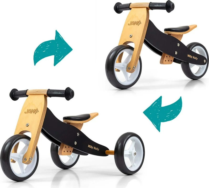 Bicikletë balancuese/Tricikel 2-në-1, Milly Mally, JAKE, rrota shkumë 7", ulëse e rregullueshme, ngarkesë 25 kg, e zezë