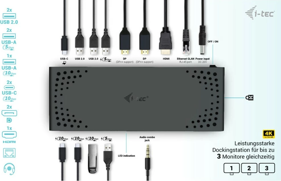 Docking station I-Tec USB-C Triple Display Gen 2, 100W, 3x monitor, e zezë