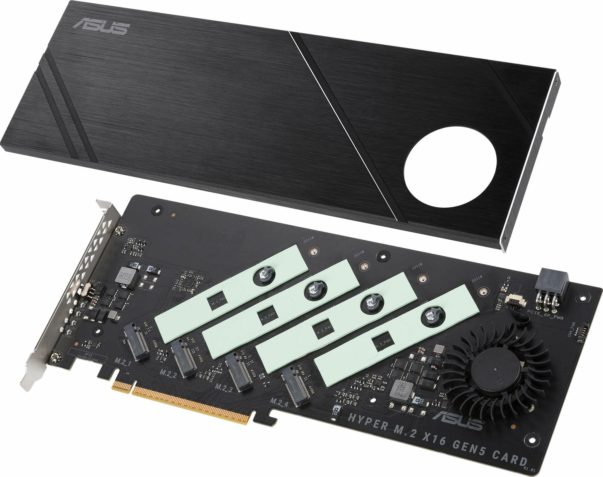 Adapter PCIe Asus Hyper M.2 x16 Gen5, PCI Express 5.0 x16, 4x M.2 NVMe, ftohje aktive, e zezë