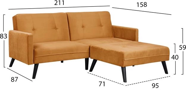 Kënd divani shtrat Livia FH3151.09, kadife, ngjyrë ari, 211x158x83 cm
