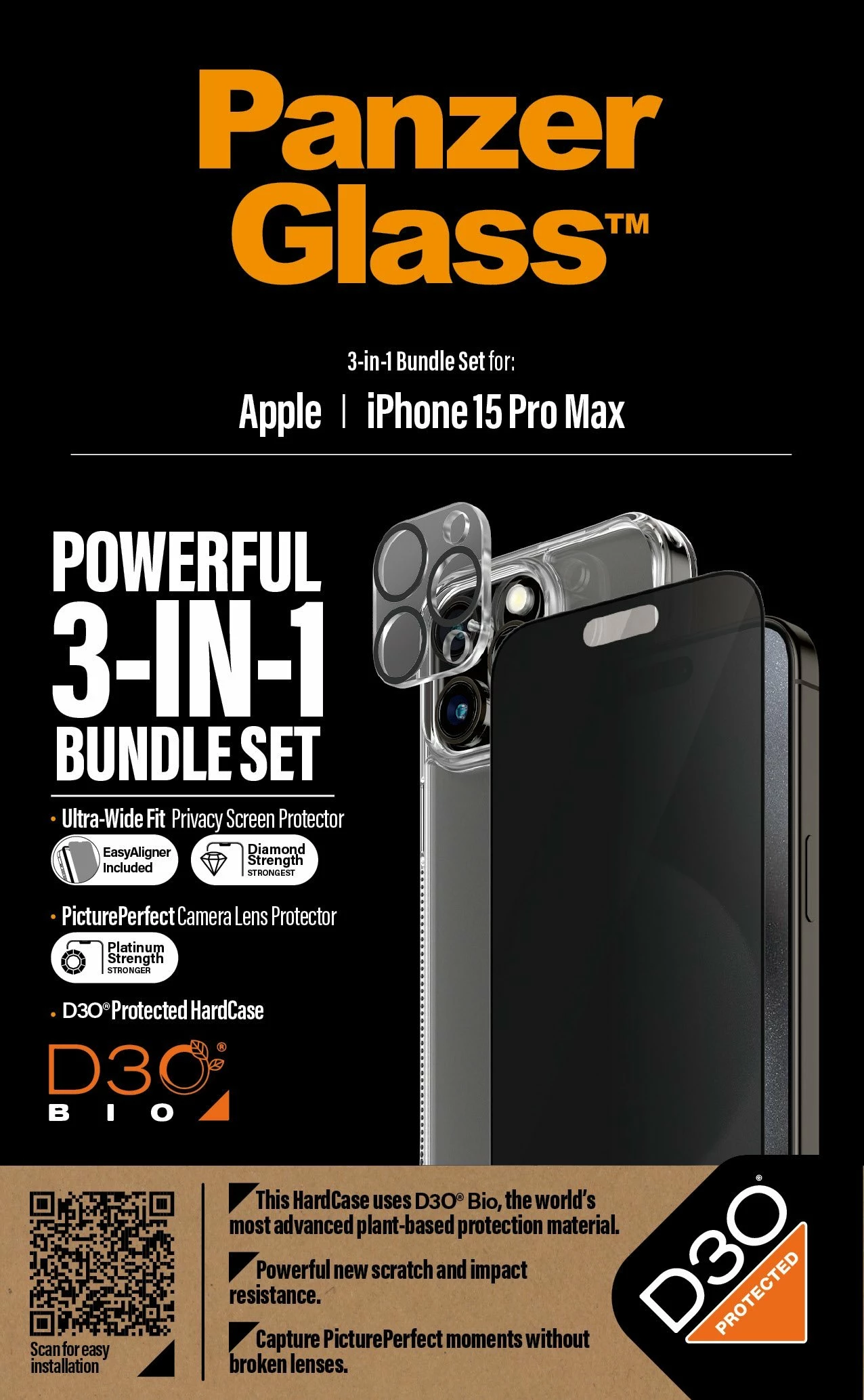 Set mbrojtës 3-në-1 PanzerGlass Privacy për iPhone 15 Pro Max, transparent, paketë 3 pjesë