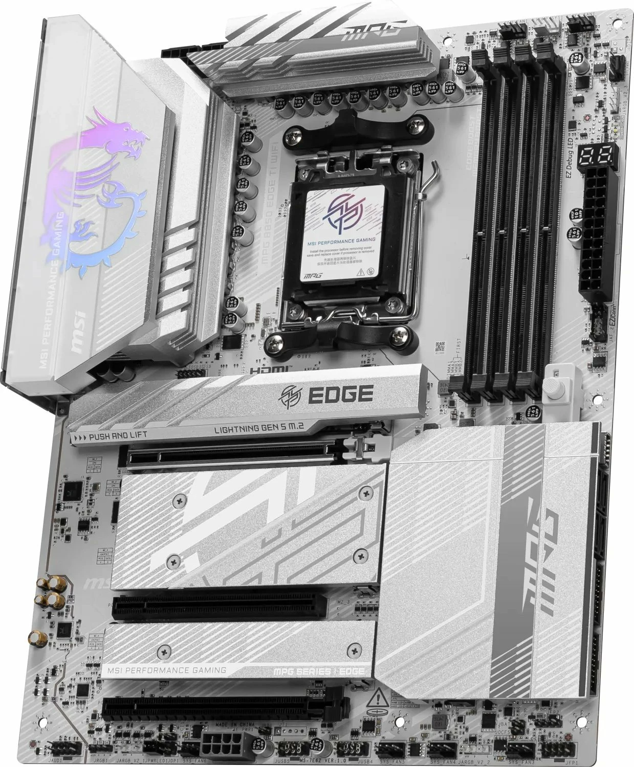 Pllakë amë MSI MPG B850 EDGE TI WIFI ATX, DDR5, Wi‑Fi 7, PCIe 5.0, bardhë-argjend
