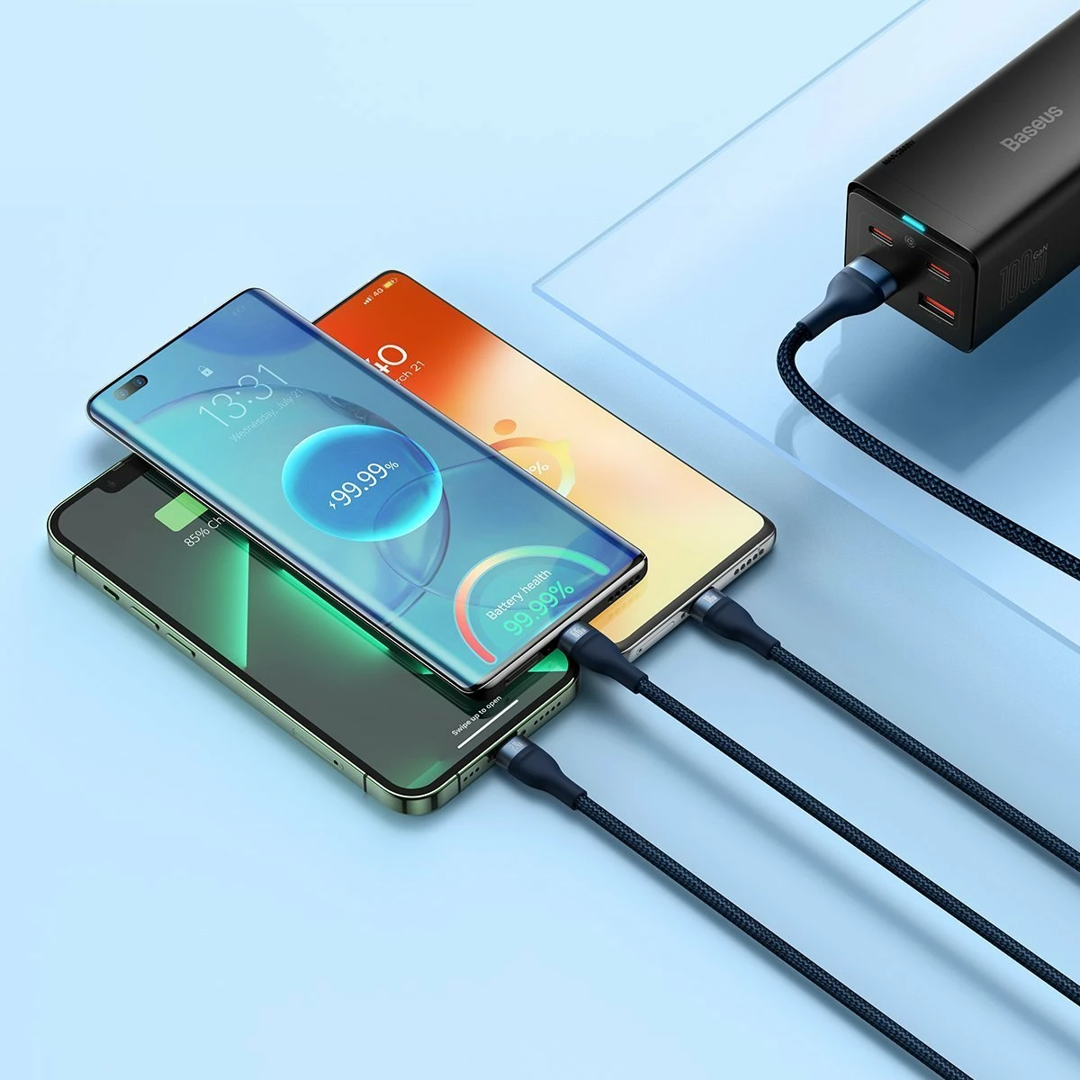 Kabllo USB 3-në-1 Baseus Flash Series II CASS040003 (BSU3888), USB-A në USB-C/Micro USB/Lightning, 1.2 m, 66W, blu