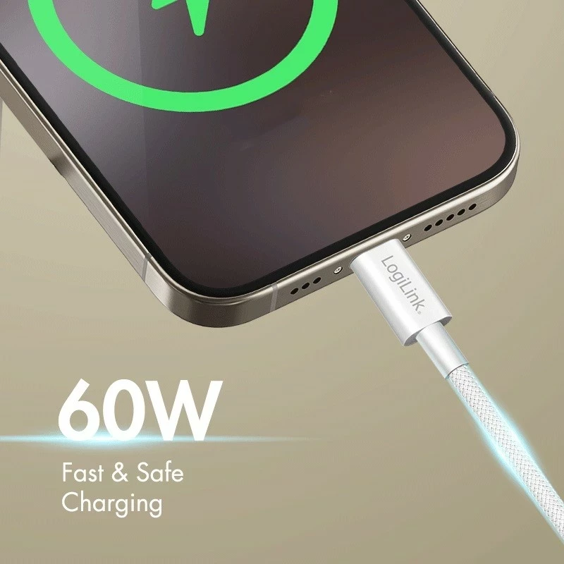Kabëll USB-C në USB-C LogiLink 1.5m, najlon, bardhë