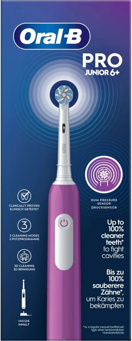 Furçë dhëmbësh elektrike, Oral-B, Pro Junior 6+ 742891, me timer 2 min dhe kontroll presioni, e purpurt