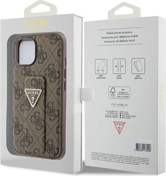 Mbështjellës Guess Grip Stand 4G Triangle Strass për iPhone 15, Kafe