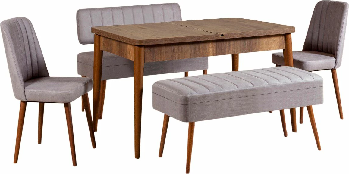 Set tavoline me karrige për ngrënie, i zgjatshëm, Hanah Home, Vina 0701 - 4, ngjyrë arre, gri, 5 pjesë