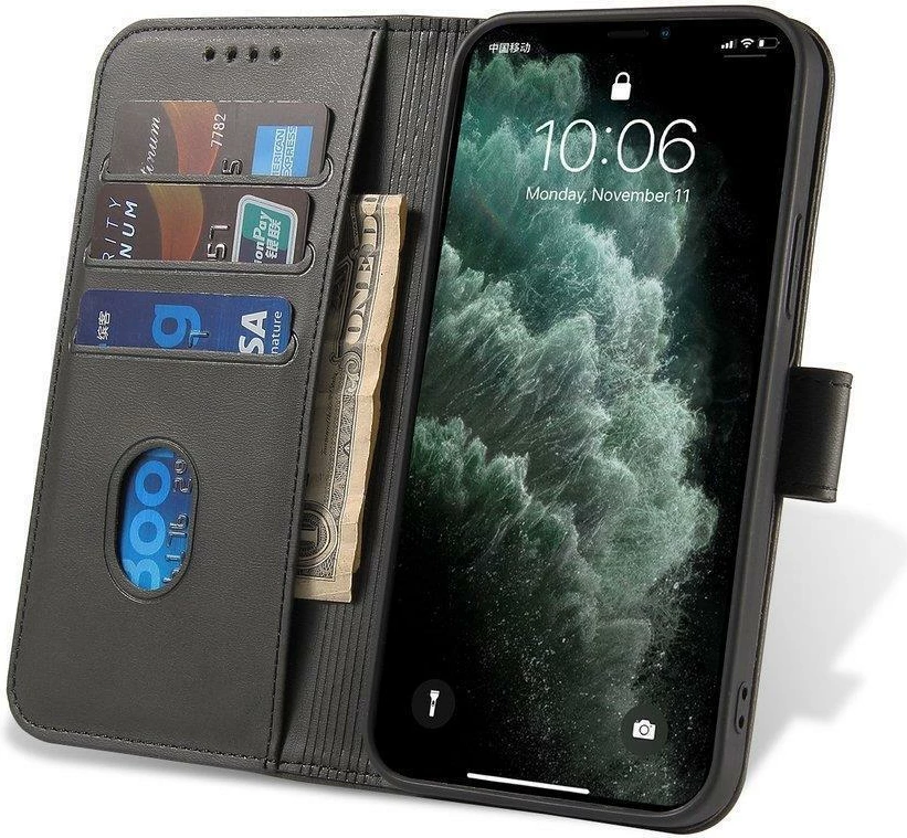 Mbështjellës Hurtel Magnet Case për Motorola Moto G 5G 2022, me flap, stand dhe xhep, i zi