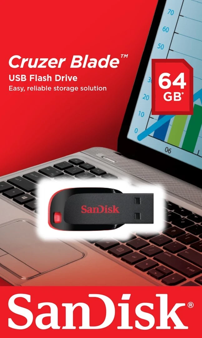 USB Sandisk Cruzer Blade, 64 GB, i zi, i kuq