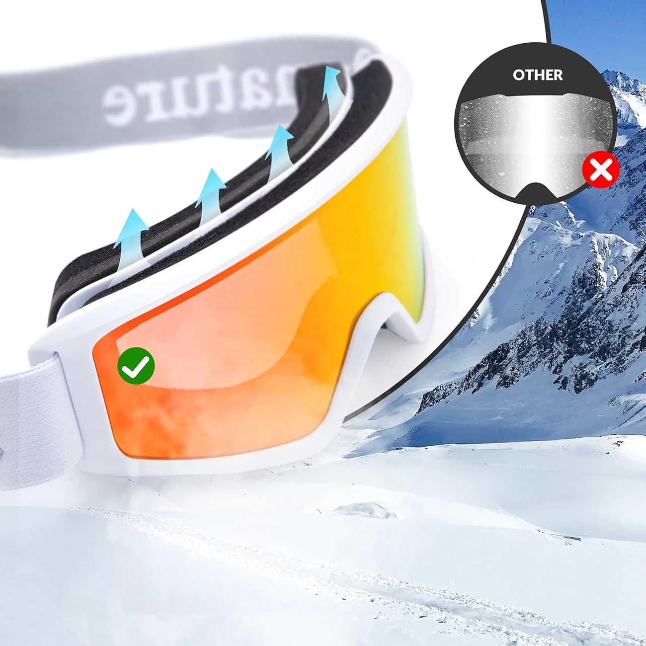 Syze skijimi Qunature White për të rritur, lente të kuqe, të bardha
