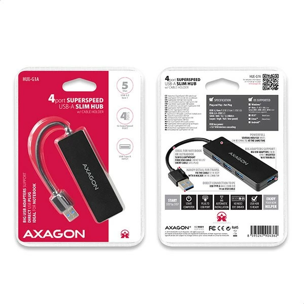 Kasë USB AXAGON HUE-G1A, 4 porta, USB 3.2 Gen 1, kabllo 14cm, e zezë