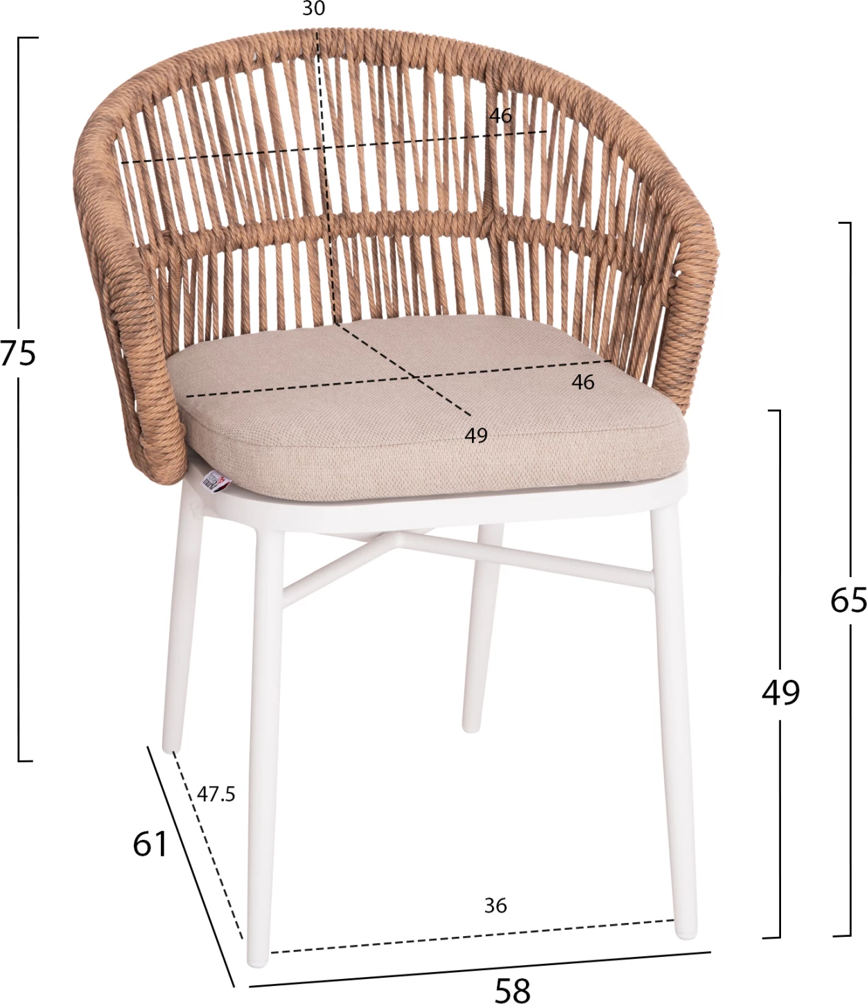 Karrige alumini ALABAMA FH6265.02 ngjyrë e bardhë-P.E. Rattan natyral-jastëk bezhë 58x61x75Hcm