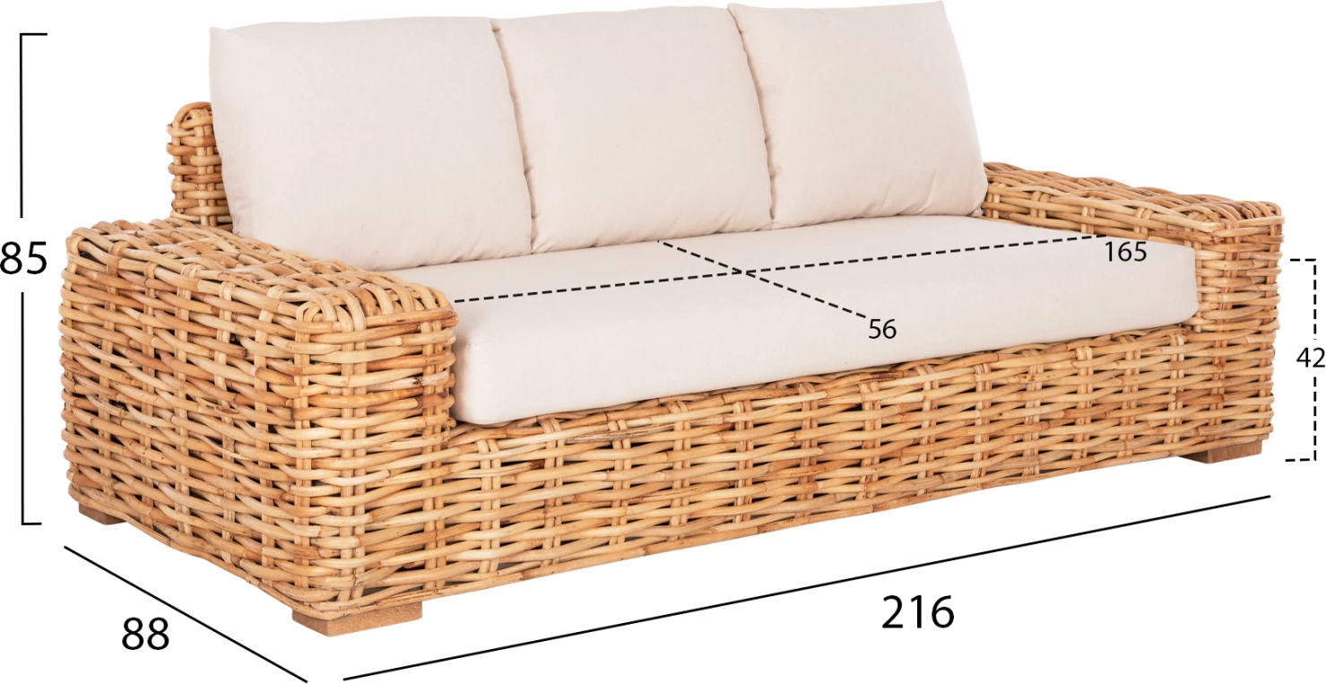 Divan për jashtë, 3 ulëse, dru mango-ratan, ngjyrë natyrale, jastëkë të bardhë, 216x88x70-85H cm