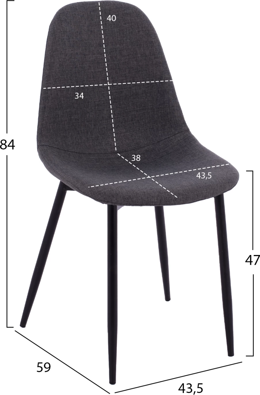 Karrige për ngrënie Leonardo FH00100.16 me këmbë metalike dhe pëlhurë gri e errët 43,5x59x84 cm., set prej 4 copë